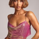 Premium Chainmail Cowl Neck Crop Top in Multi Pink