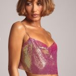 Premium Chainmail Cowl Neck Crop Top in Multi Pink - Image 3