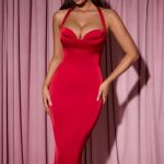 Layered Halterneck Bodycon Midi Dress in Red