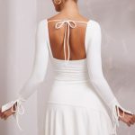 Long Sleeve Ruched A-Line Mini Dress in White - Image 4