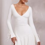 Long Sleeve Ruched A-Line Mini Dress in White - Image 8
