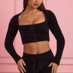 Fluffy Knit Cropped Cardigan in Black