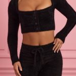 Fluffy Knit Cropped Cardigan in Black - Image 2