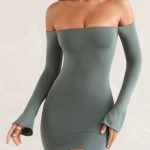 Long Sleeve Bardot Mini Dress in Green - Image 7