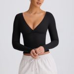 Ribbed Modal Ruched V-Neck Top in Black - Image 6