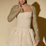 Embellished Bubble Hem Mini Dress in Gold - Image 7
