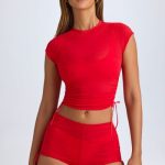 Sheer Ruched Mini Shorts in Fiery Red
