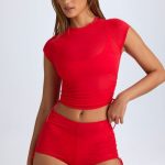 Sheer Ruched Mini Shorts in Fiery Red - Image 2