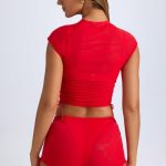 Sheer Ruched Mini Shorts in Fiery Red - Image 5