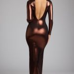 Long Sleeve Metallic Jersey Evening Gown in Copper Bronze - Image 2