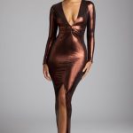 Long Sleeve Metallic Jersey Evening Gown in Copper Bronze - Image 7