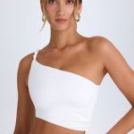 Ruched Asymmetric Crop Top in White - Image 4