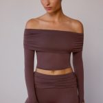 Sheer Off-Shoulder Long-Sleeve Top in Taupe Brown