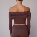 Sheer Off-Shoulder Long-Sleeve Top in Taupe Brown - Image 2