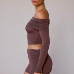 Sheer Off-Shoulder Long-Sleeve Top in Taupe Brown - Image 3