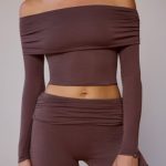 Sheer Off-Shoulder Long-Sleeve Top in Taupe Brown - Image 4