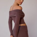 Sheer Off-Shoulder Long-Sleeve Top in Taupe Brown - Image 5