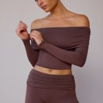 Sheer Off-Shoulder Long-Sleeve Top in Taupe Brown - Image 6