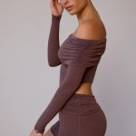 Sheer Off-Shoulder Long-Sleeve Top in Taupe Brown - Image 7