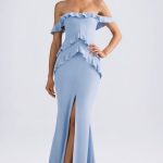 Off-Shoulder Ruffle-Trim Gown in Light Blue