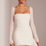 Long Sleeve Embellished Cowl Neck Mini Dress in White - Image 8