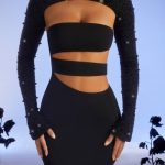 Embellished Long Sleeve Cut Out Mini Dress in Black - Image 6