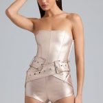 Metallic Denim Belted Corset Playsuit in Champagne