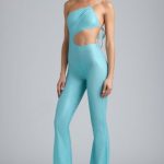 Petite Metallic Ruched Cut-Out Flared Jumpsuit in Ice Blue