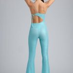Petite Metallic Ruched Cut-Out Flared Jumpsuit in Ice Blue - Image 2
