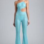 Petite Metallic Ruched Cut-Out Flared Jumpsuit in Ice Blue - Image 6
