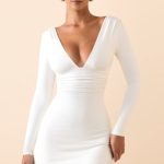 Modal Ruched Plunge A-Line Mini Dress in White - Image 5
