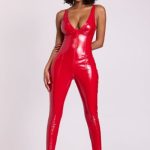 Vinyl Plunge Neck Catsuit in Fire Red - Image 9