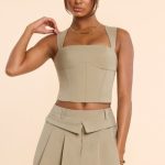 Brushed Twill Square Neck Tailored Top in Taupe - Image 9