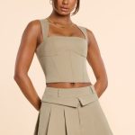 Brushed Twill Square Neck Tailored Top in Taupe - Image 10