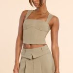 Brushed Twill Square Neck Tailored Top in Taupe - Image 12