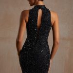 Hand Embellished Couture Halter Neck Mini Dress in Black - Image 2