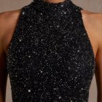 Hand Embellished Couture Halter Neck Mini Dress in Black - Image 7