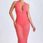 Ruched Plunge Midaxi Dress in Coral