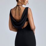 Cowl-Neck A-Line Mini Dress in Black - Image 2