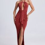 Hardware Detail Cut-Out Halterneck Maxi Dress in Auburn Brown - Image 5