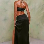 Shirred Thigh High Split Mid Rise Maxi Skirt in Black - Image 2