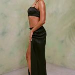 Shirred Thigh High Split Mid Rise Maxi Skirt in Black - Image 3