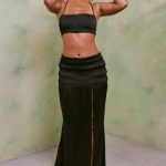 Shirred Thigh High Split Mid Rise Maxi Skirt in Black - Image 7