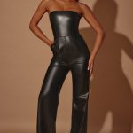 Petite Strapless Wide Leg Vegan Leather Jumpsuit in Black