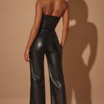 Petite Strapless Wide Leg Vegan Leather Jumpsuit in Black - Image 2