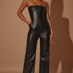 Petite Strapless Wide Leg Vegan Leather Jumpsuit in Black - Image 8