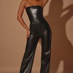 Petite Strapless Wide Leg Vegan Leather Jumpsuit in Black - Image 9