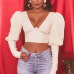 Plunge Neck Puff Sleeve Crop Top in Oyster White