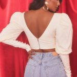 Plunge Neck Puff Sleeve Crop Top in Oyster White - Image 2
