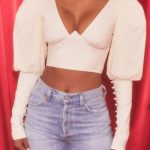 Plunge Neck Puff Sleeve Crop Top in Oyster White - Image 4